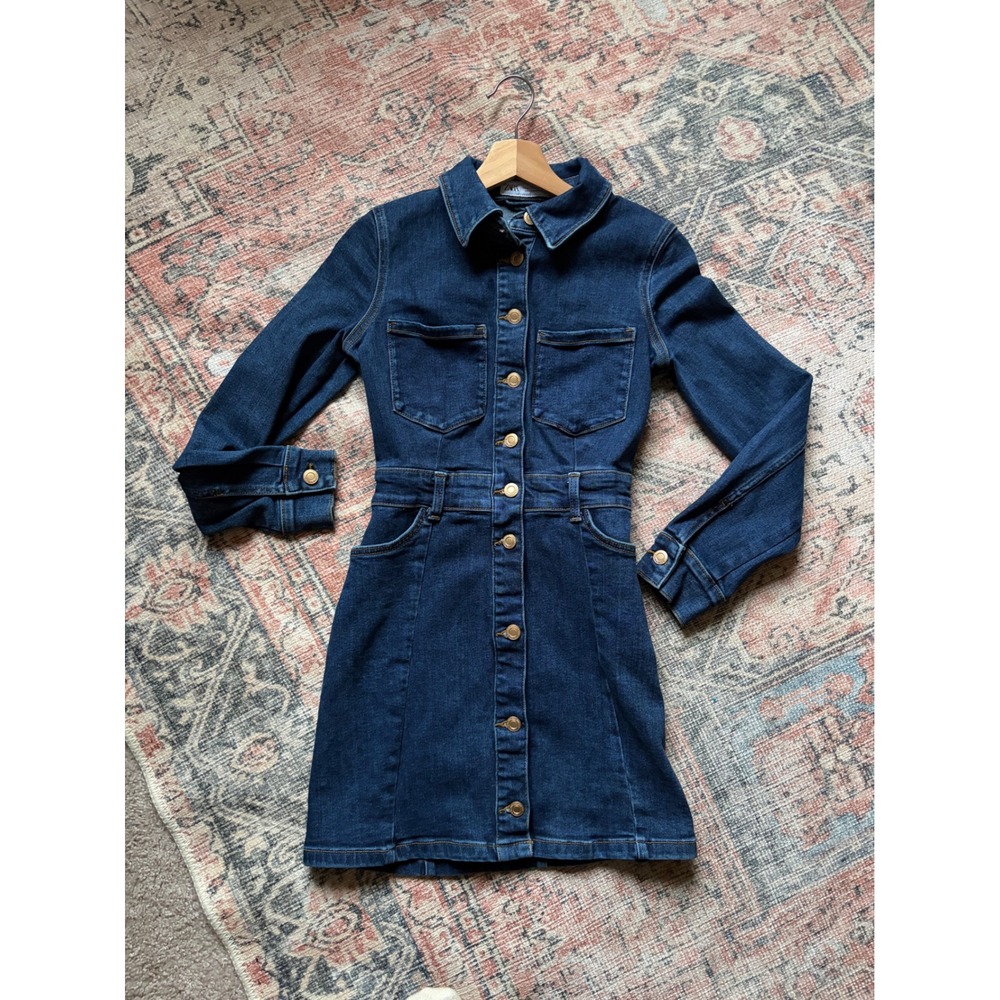 ZARA Womens XS Dark Denim Button Down Mini Dress Long Sleeve Chore Shirt Coat